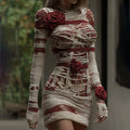 Comstylish Women's Halloween Muscle Anatomy Bandage With Rose Art Cozy Knit Mini Sweater Dress