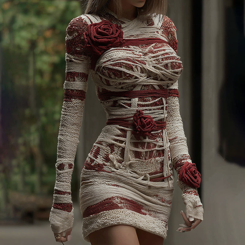 Comstylish Women's Halloween Muscle Anatomy Bandage With Rose Art Cozy Knit Mini Sweater Dress