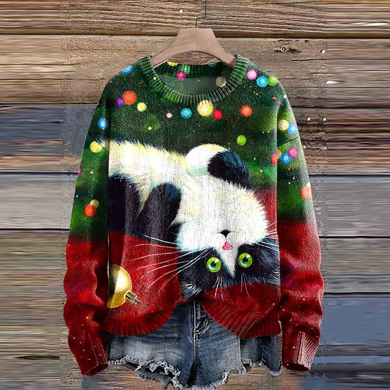 Comstylish Christmas Cat Print Cozy Knit Sweater