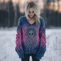 Women's Vintage Celtic Knot Skull Gradient V-neck Sweater artswardrobe