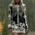 Women's Vintage Halloween Skeleton Bones Rose Art Cozy Knit Mini Sweater Dress artswardrobe