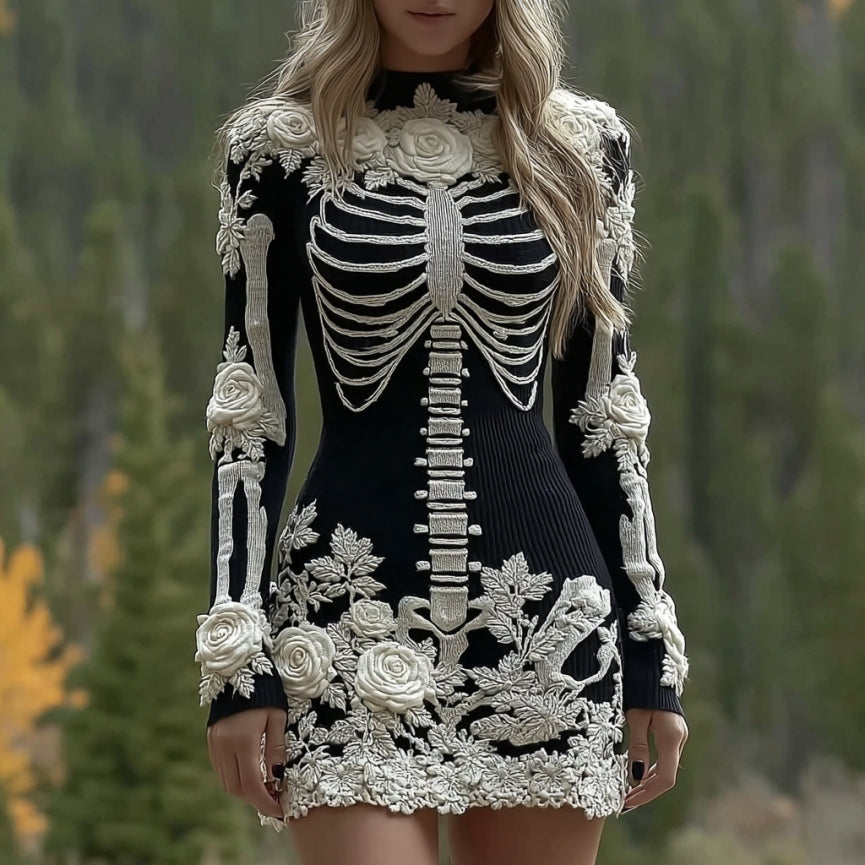 Comstylish Women's Vintage Halloween Skeleton Bones Rose Art Cozy Knit Mini Sweater Dress