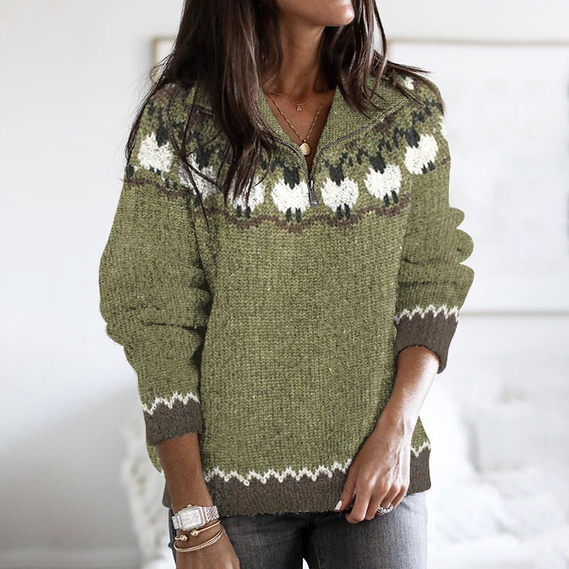 Vintage Flock Jacquard Zip Stand Collar Sweater elevenforest