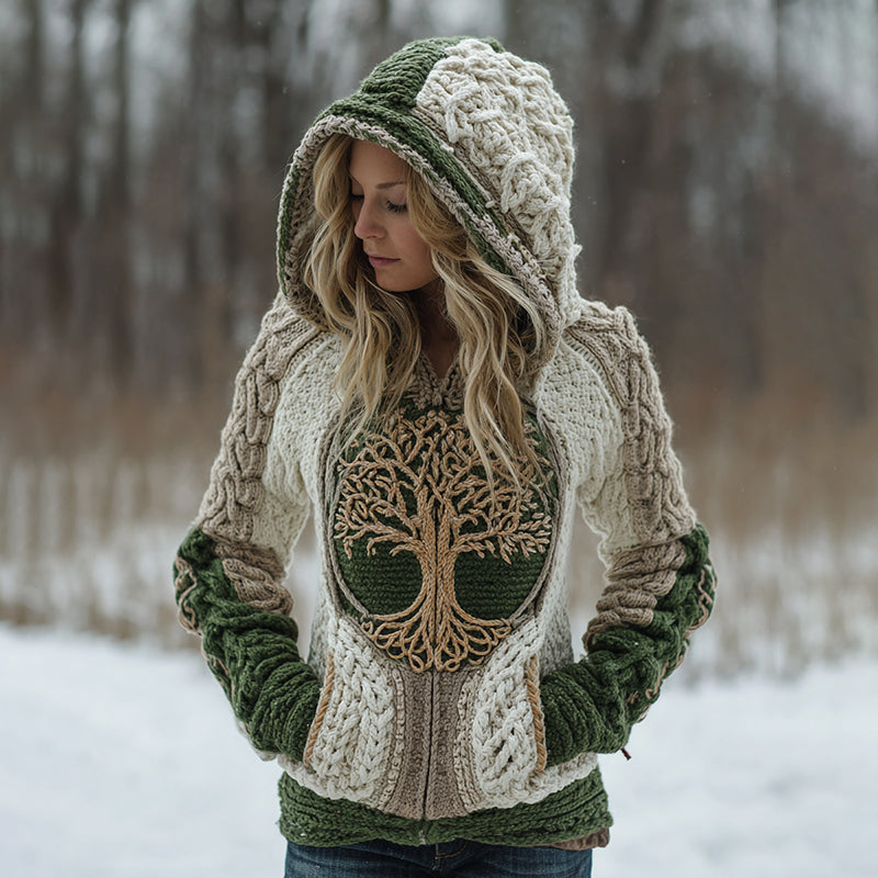 Women's Vintage Tree Of Life Celtic Knot Pattern Cozy Knit Zip Up Hooded Sweater artswardrobe
