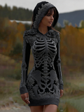 Women's Vintage Halloween Skeleton Bones With Rose Art Cozy Knit Hooded Sweater Dress artswardrobe
