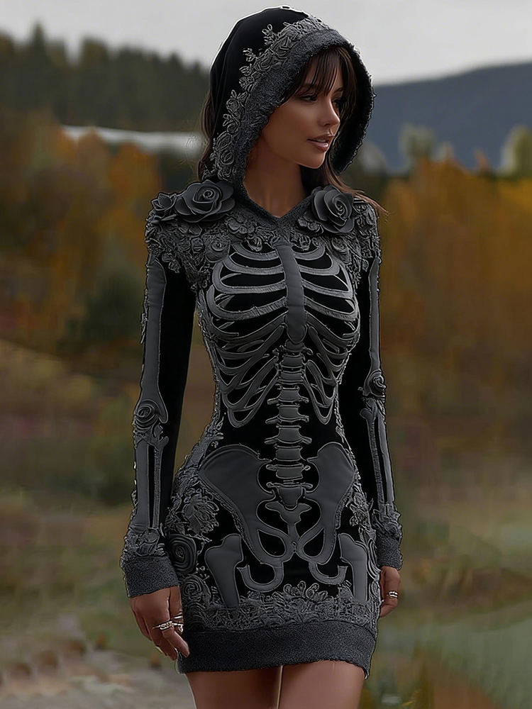 Comstylish Women's Vintage Halloween Skeleton Bones With Rose Art Cozy Knit Hooded Sweater Dress