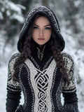 Women's Celtic Knot Jacquard Contrast Color Knit Hooded Sweater artswardrobe