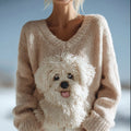 Cute Fuzzy Dog Embroidered V Neck Cozy Sweater artswardrobe