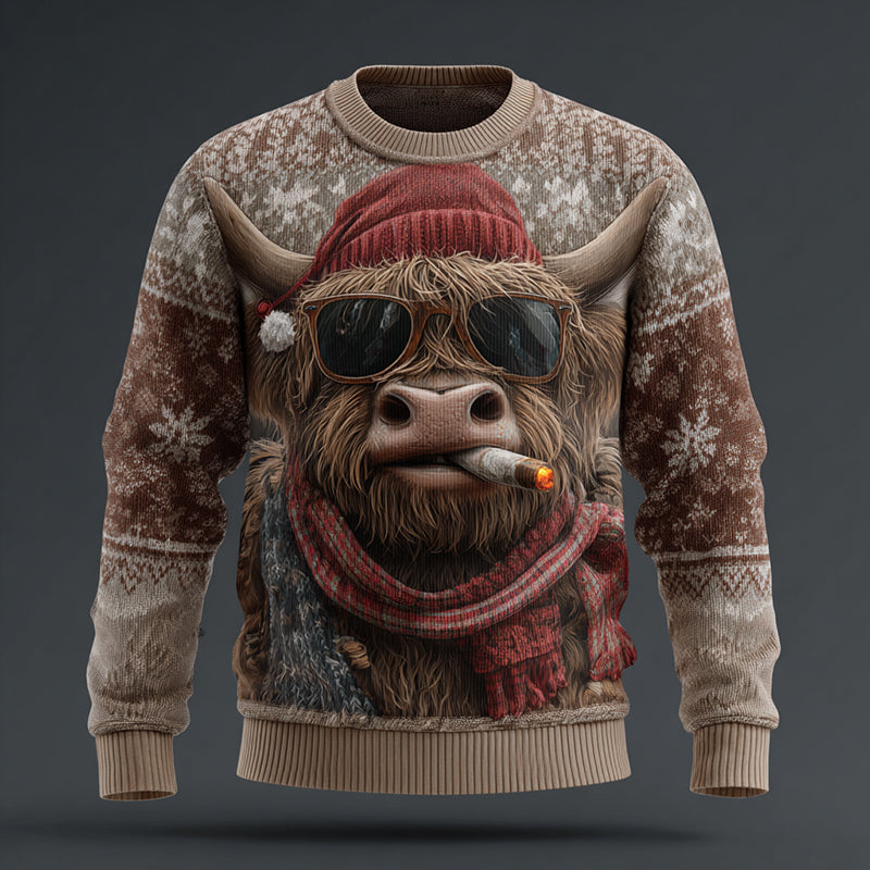 Comstylish Men's Fun Vintage Christmas Highland Cow Print Knit Sweater