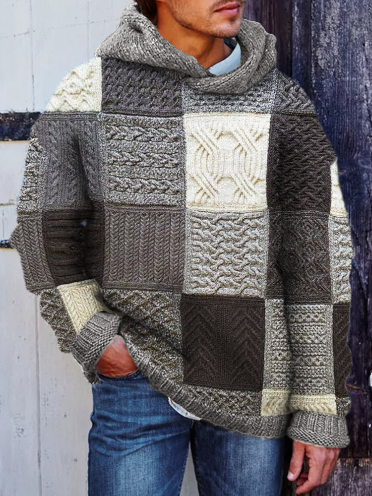 Men's Vintage Afghan Patchwork Cozy Chunky Hooded Sweater artswardrobe