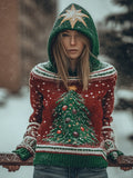 Women's Christmas Snowy Christmas Tree Red Green Contrast Hooded Sweater artswardrobe
