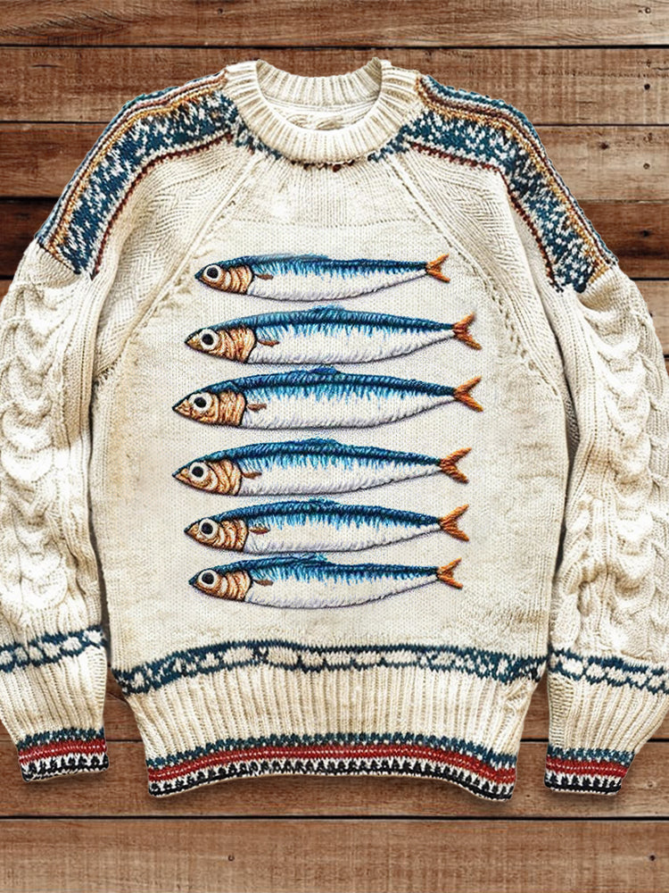 Sardines Embroidered Cozy Soft Knit Sweater artswardrobe
