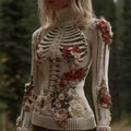 Vintage Skull Floral Embroidery Art Jacquard Knit Turtleneck Sweater artswardrobe