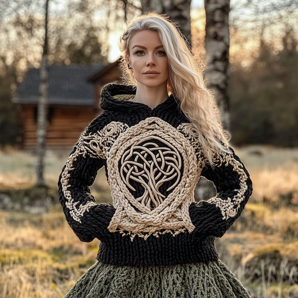 Women's Viking Tribal Tree Of Life Celtic Chunky Knit Hooded Sweater artswardrobe
