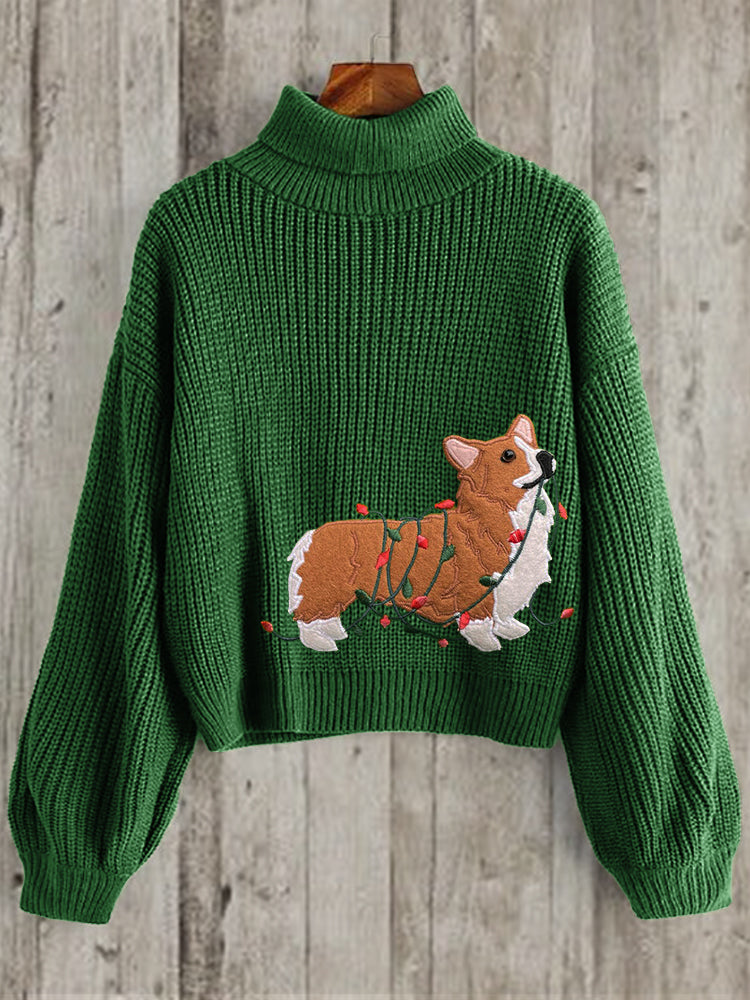 Comstylish Funny Christmas Corgi Dog Embroidered Cozy Turtleneck Sweater