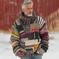 Men's Vintage Colorblock Patchwork Cozy Knit Jacquard Fairman Island Jacquard Thick Warm Turtleneck  Sweater artswardrobe