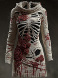 Comstylish Halloween Skull Floral Knitted Warm Hooded Sweater