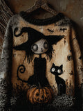 Halloween Gothic Witch Girl & Cat Cozy Knit Sweater artswardrobe