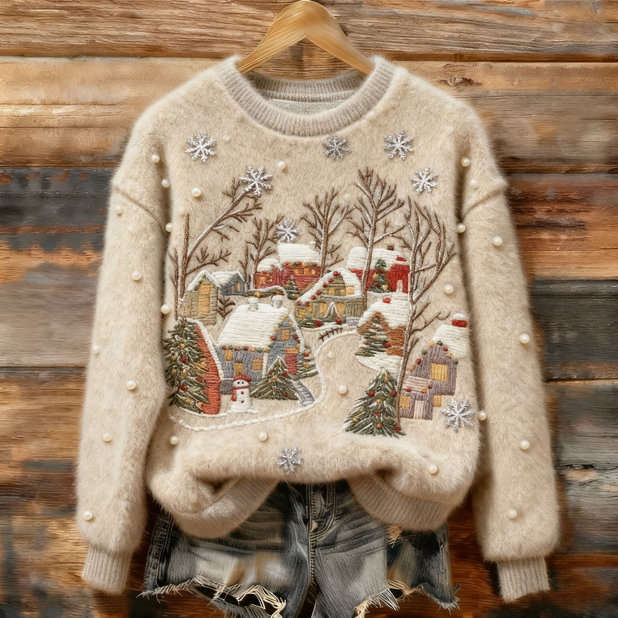 Comstylish Women's Village Scenery Before Christmas Art Cozy Plush Sweater