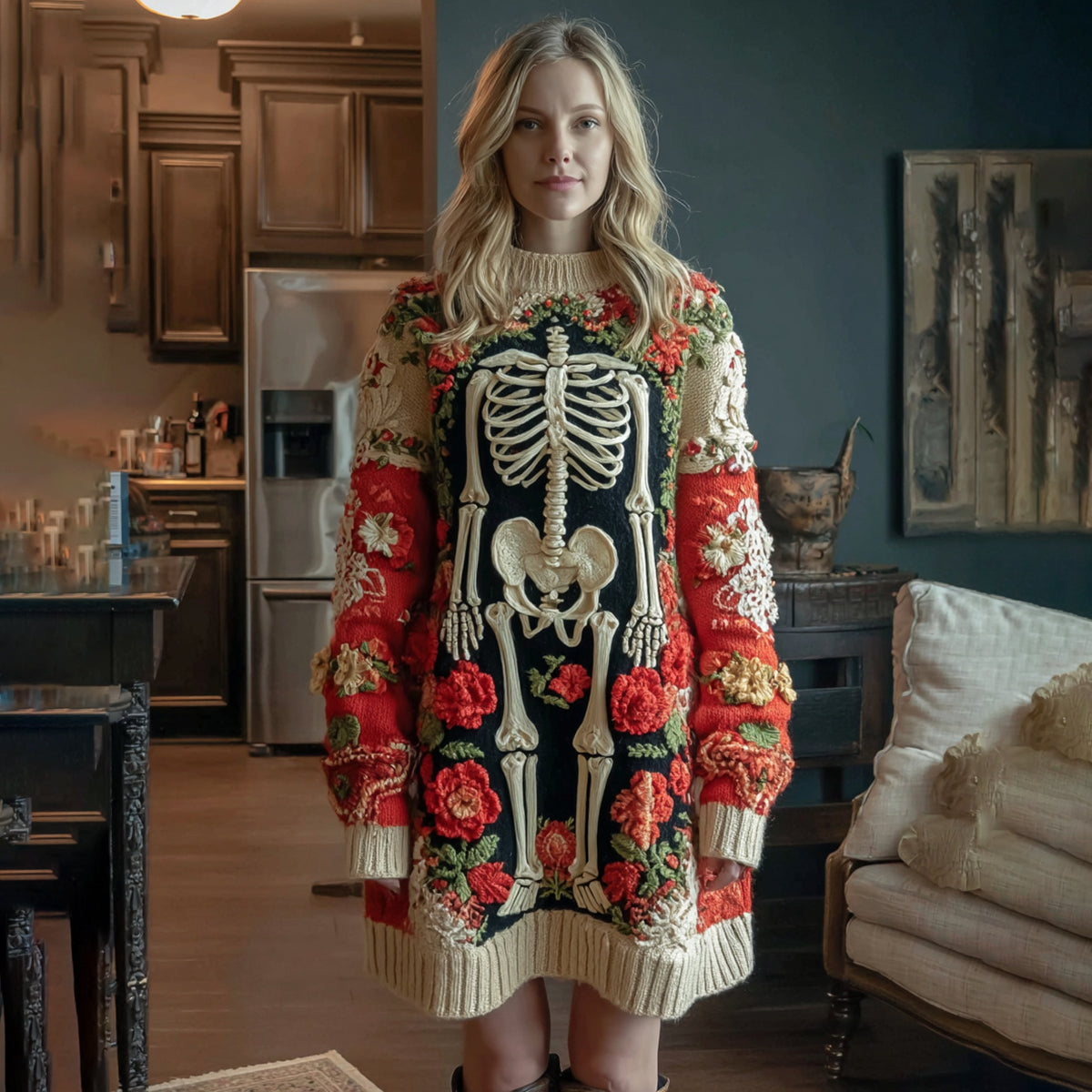 Comstylish Women's Halloween Skull Flower Art Cozy Knit Sweater Mini Dress