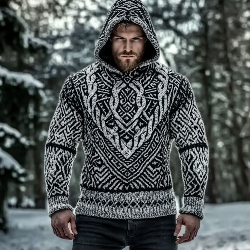 Men's Viking Jacquard Celtic Style Cozy Knit Hooded Sweater artswardrobe