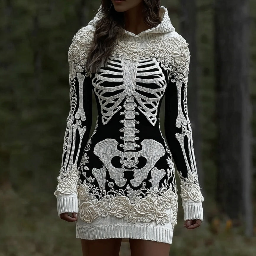 Comstylish Women's Vintage Skeleton & White Rose Art Cozy Sweater Hooded Dress