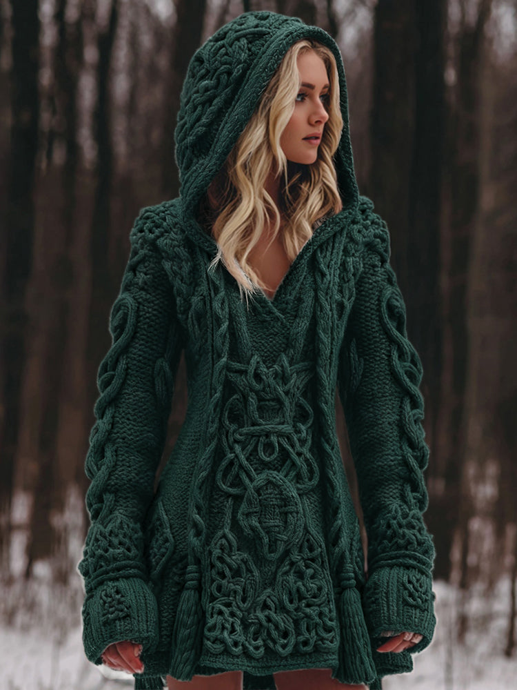 Women's Viking Celtic Knot Rune Knit Jacquard Warm Sweater Hooded Dress artswardrobe