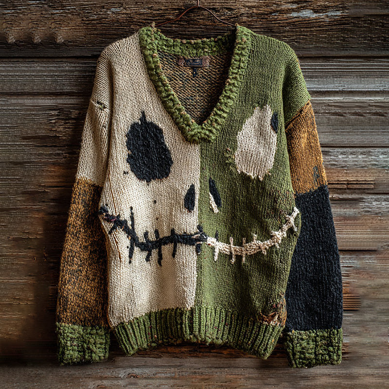 Halloween Spooky Face Contrast Stitching Comfortable Knitted V-neck Sweater artswardrobe