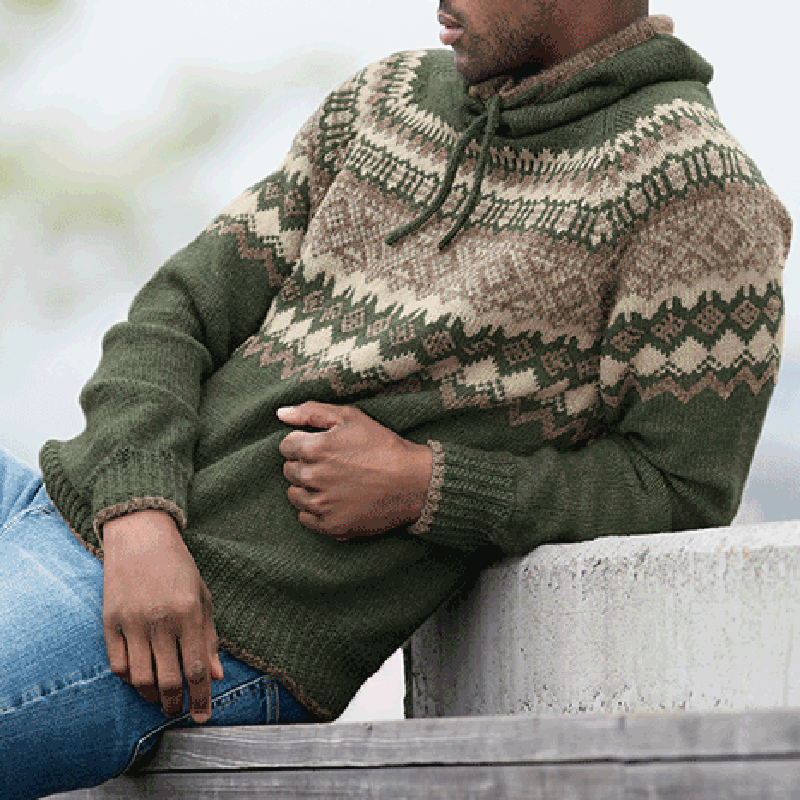 Vintage Patterned Knitted Icelandic Hooded Sweater elevenforest