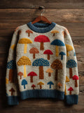 Comstylish Women's Retro Mushroom Print Crew Neck Sweater