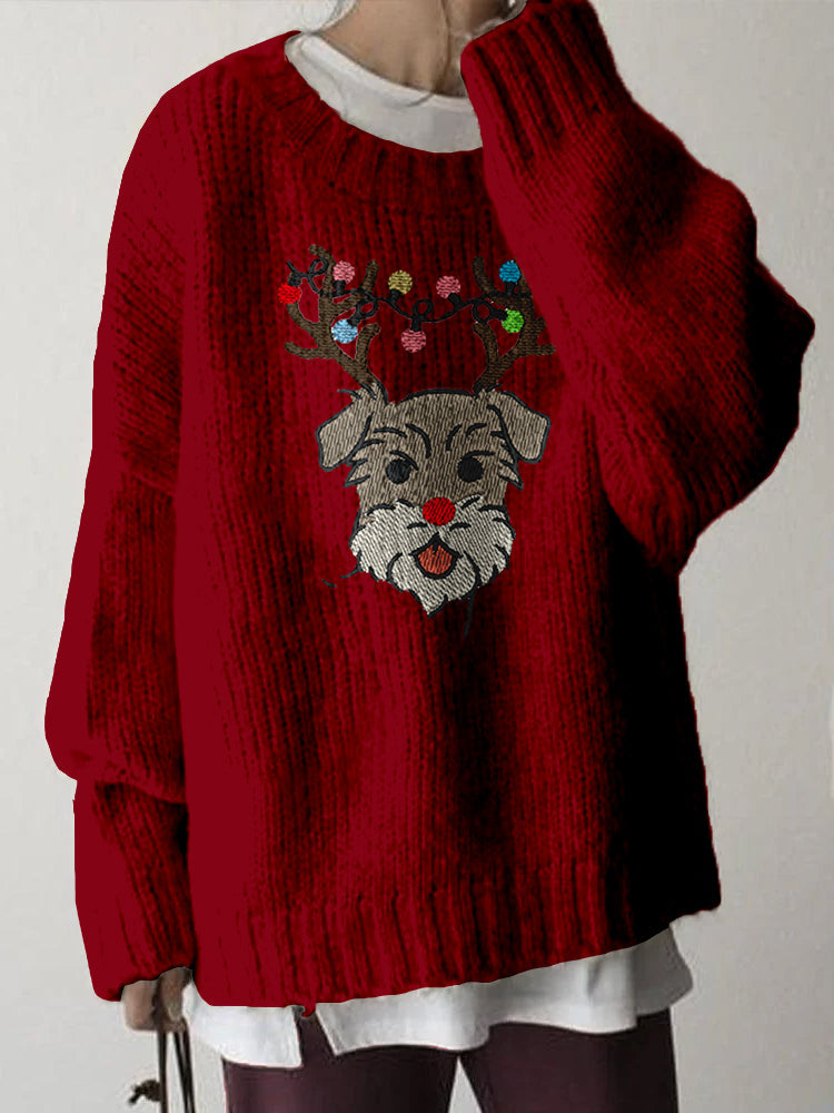 Comstylish Funny Christmas Schnauzer Dog Embroidered Cozy Sweater