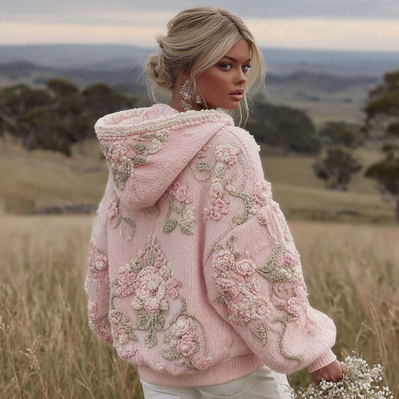 Comstylish Women's Floral Embroidery Art Knitted Hooded Sweater