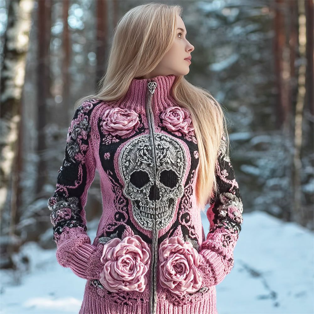 Comstylish Skull & 3d Floral Art Women's Chunky Knit Zipper Sweater