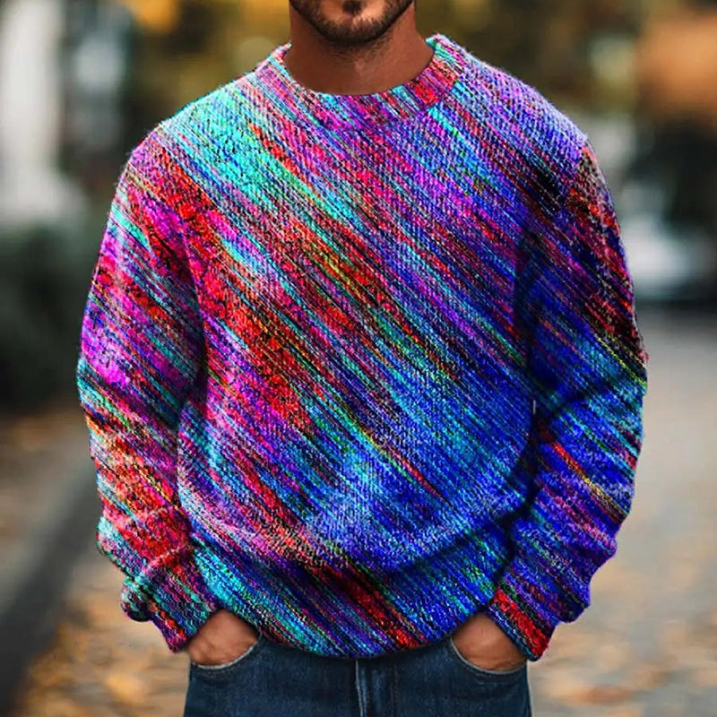 Men'S Fashion Rainbow Lines Printed Knitted Crew Neck Sweater artswardrobe
