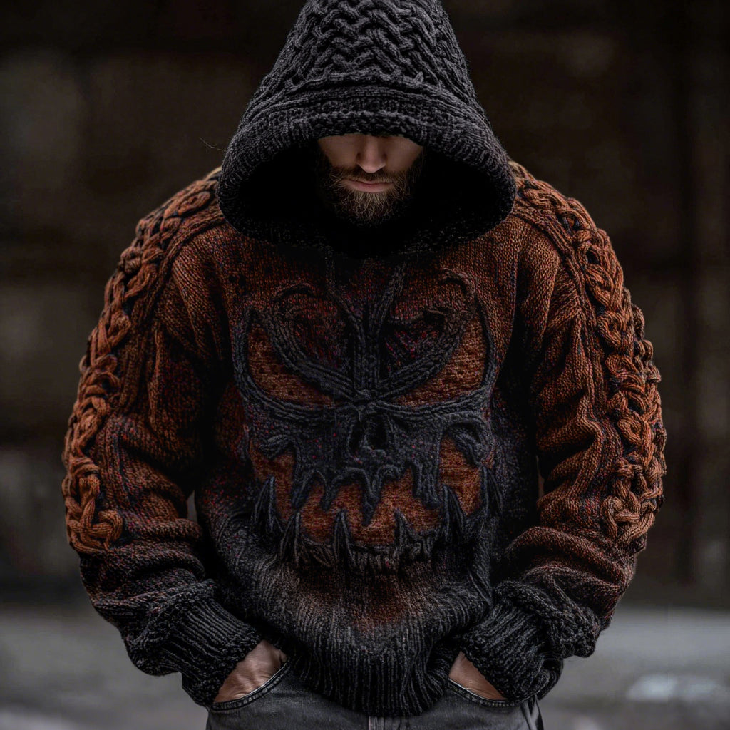 Men's Viking Devil Face Celtic Knot Jacquard Knit Hooded Sweater artswardrobe