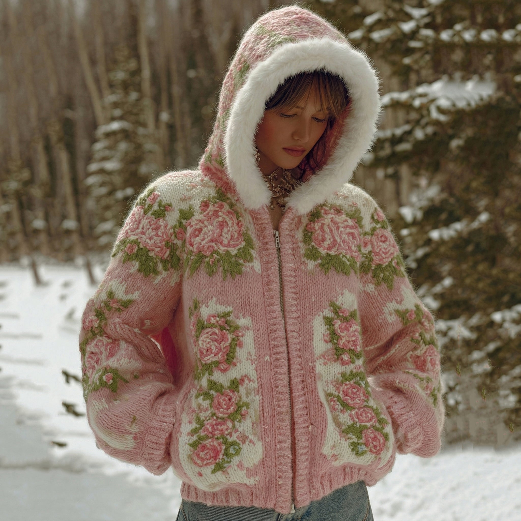 Comstylish Women's Bohemian Style Pink Rose Art Cozy Fur Collar Knit Hooded Sweater Jacket