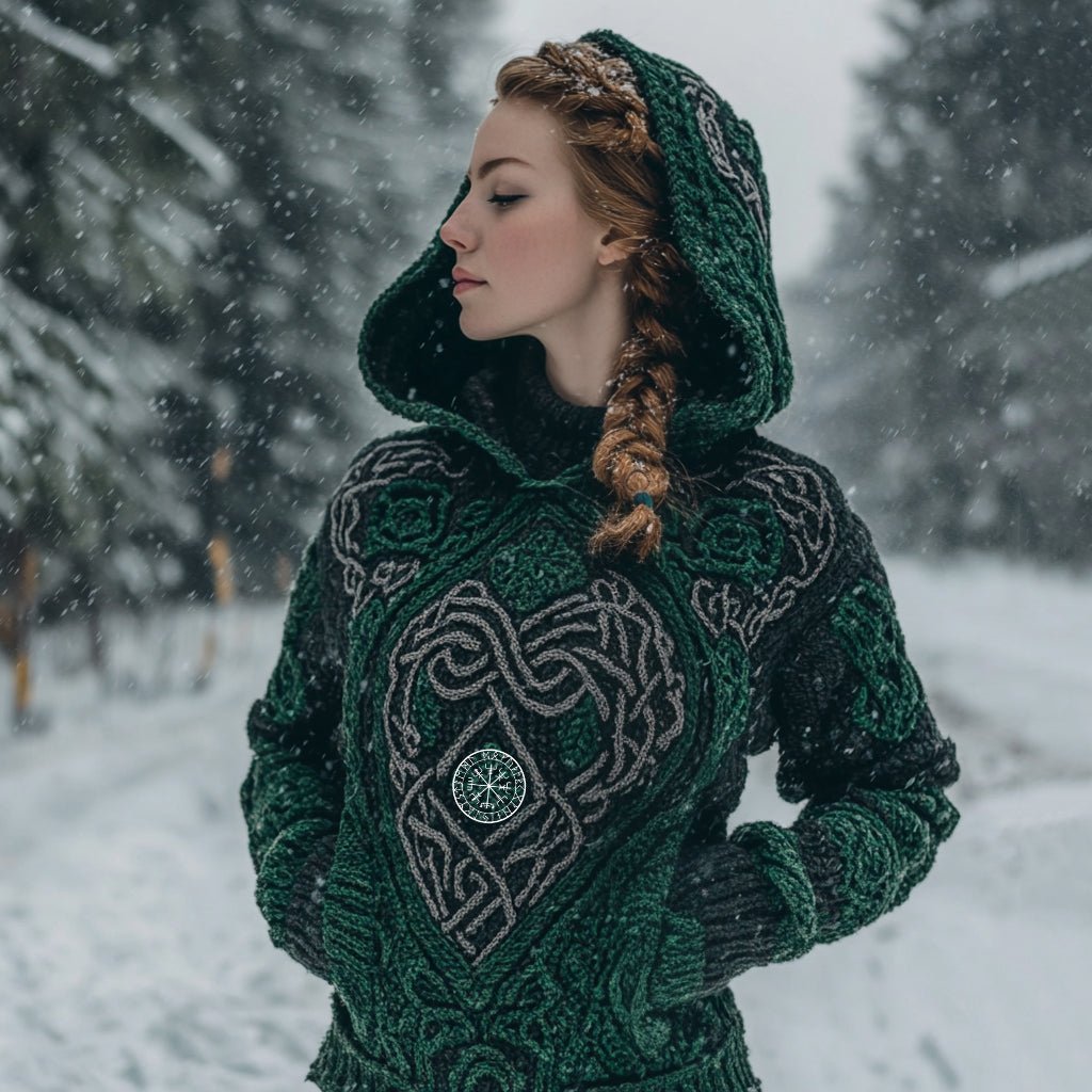 Women's Viking Tribal Jacquard Celtic Inspired Chunky Knit Hooded Sweater elevenforest