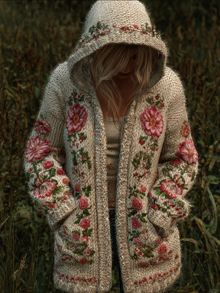 Women's Flower-patterned Casual Vintage Hooded Mid-length Sweater artswardrobe