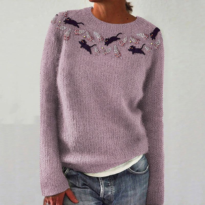 Cute Black Cat Prints Embroidered Cozy Knit Sweater