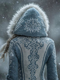 Comstylish Vintage Snowflake Viking Celtic Knot Fur Trim Hooded Sweater