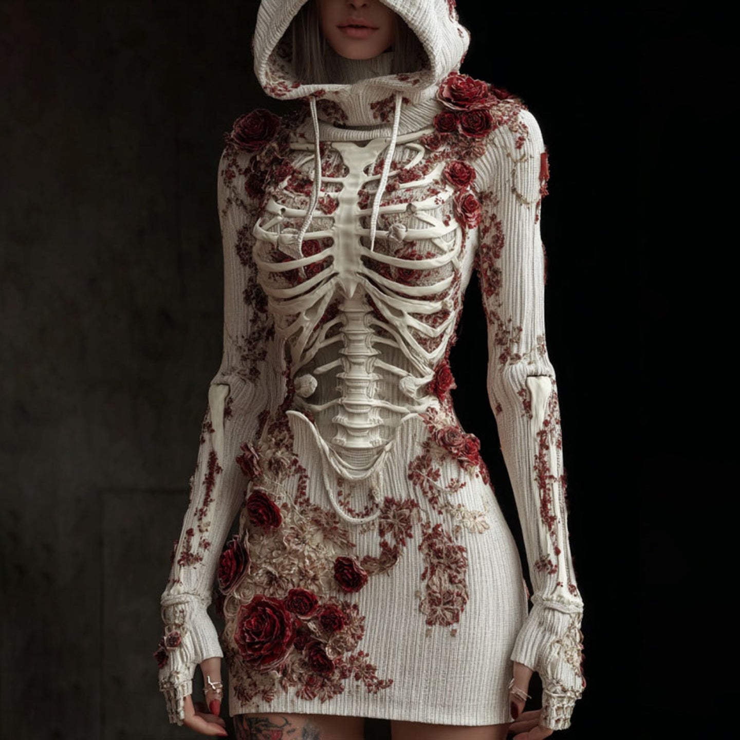 Comstylish Vintage Skeleton Anatomy Roses Art Hooded Sweater Dress