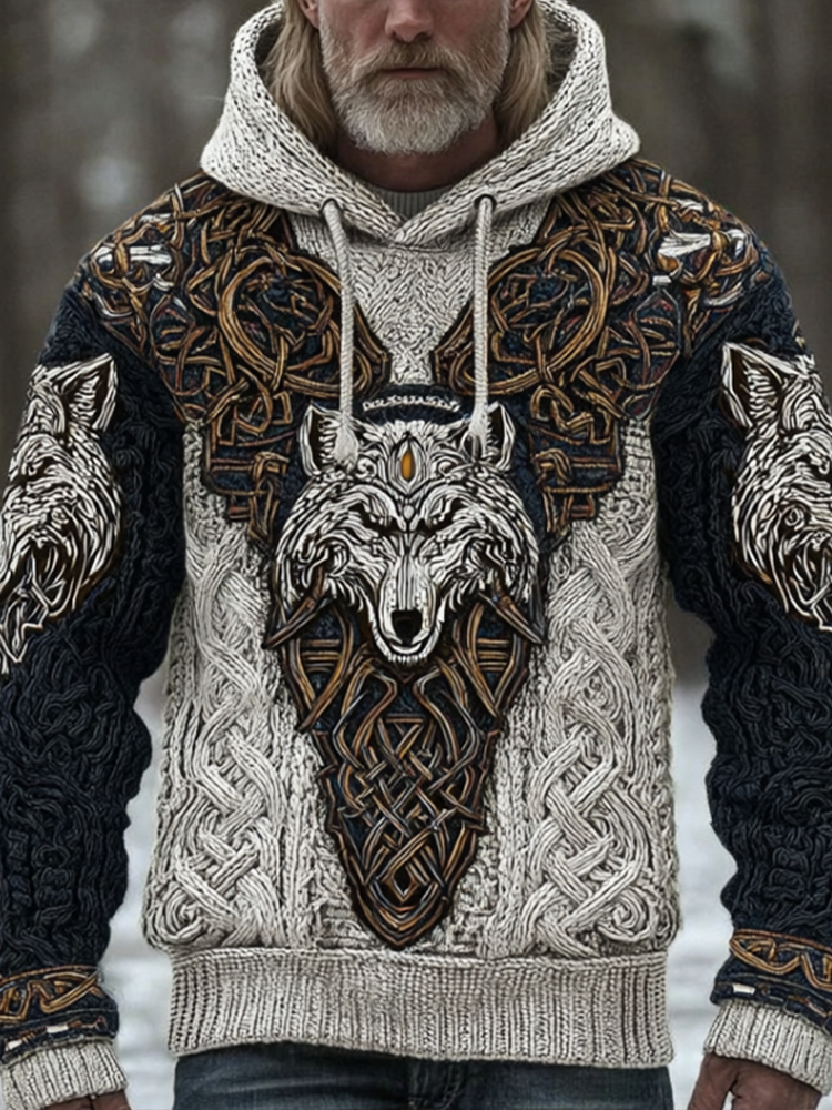 Men's Hooded Thick Sweater With Viking Style Tribal Totem And Wolf Totem Patterns artswardrobe