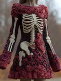 Comstylish Vintage Skeleton Roses Crew Neck Cozy Sweater Dress