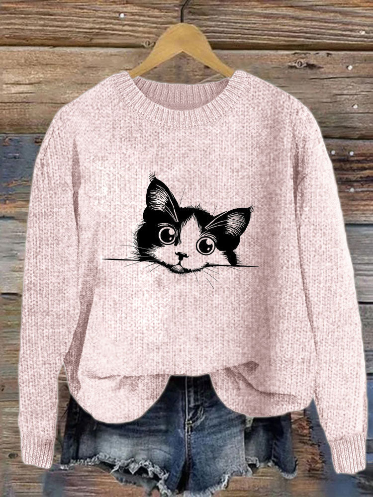 Comstylish Women's Casual Funny Black Cat Print Sweater