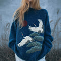 Japanese Cranes & Pine Embroidered Cozy Knit Sweater artswardrobe