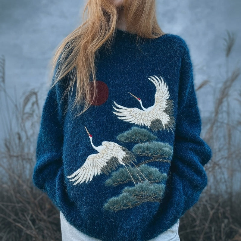 Japanese Cranes & Pine Embroidered Cozy Knit Sweater artswardrobe