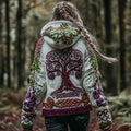 Comstylish Women's Vintage Viking Celtic Knot Tree Of Life Art Knit Zip-up Hooded Sweater