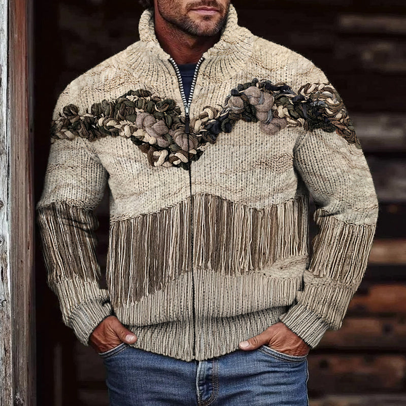 Men'S Vintage Knit Jacquard Tassel Zipper Sweater artswardrobe