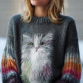 Comstylish Cute Fuzzy Cat Embroidered Crew Neck Cozy Sweater