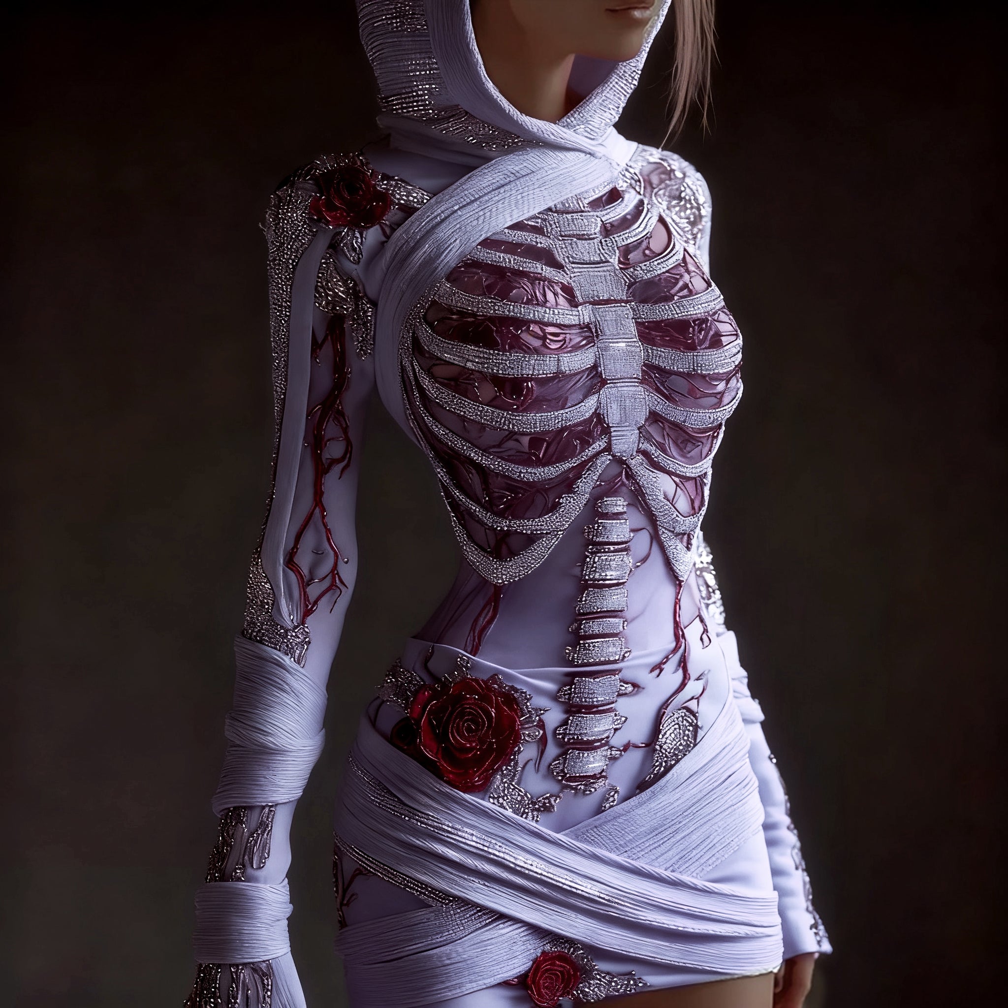 Comstylish Women's Skeleton Roses Bandages Art Cozy Knit Hooded Mini Sweater Dress